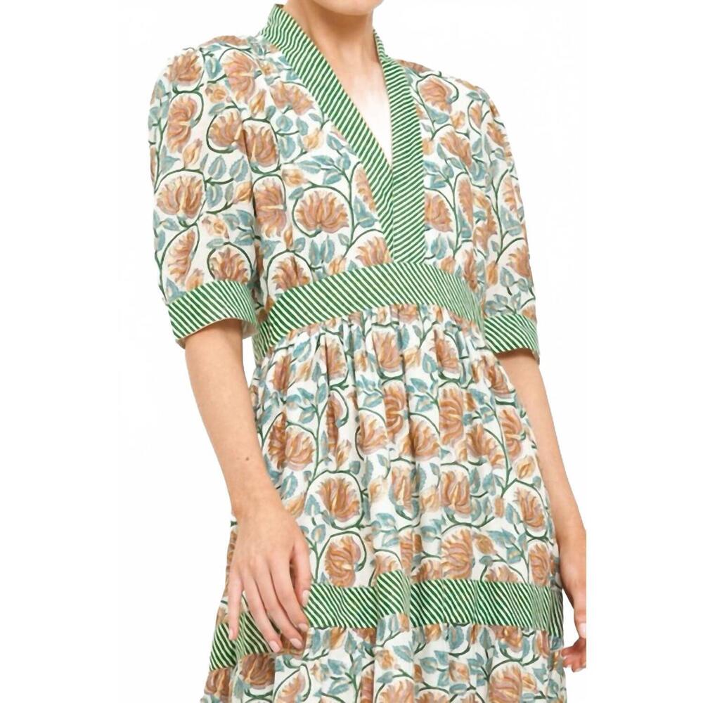 NEW OLIPHANT v-neck cuffed short sleeve midi dress in montenegro green - Picture 3 of 4